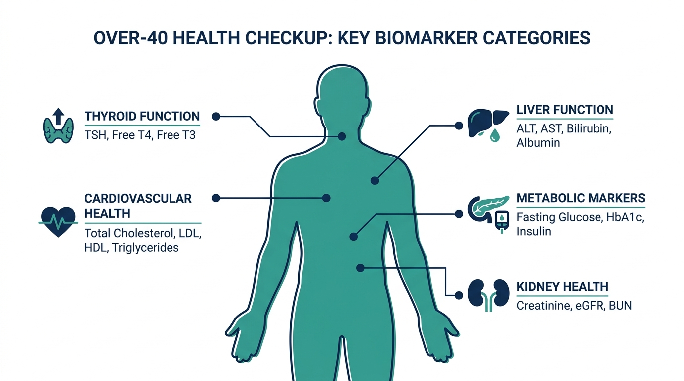 Body diagram mapping cardiovascular, metabolic, liver, kidney, and thyroid biomarkers for adults over 40