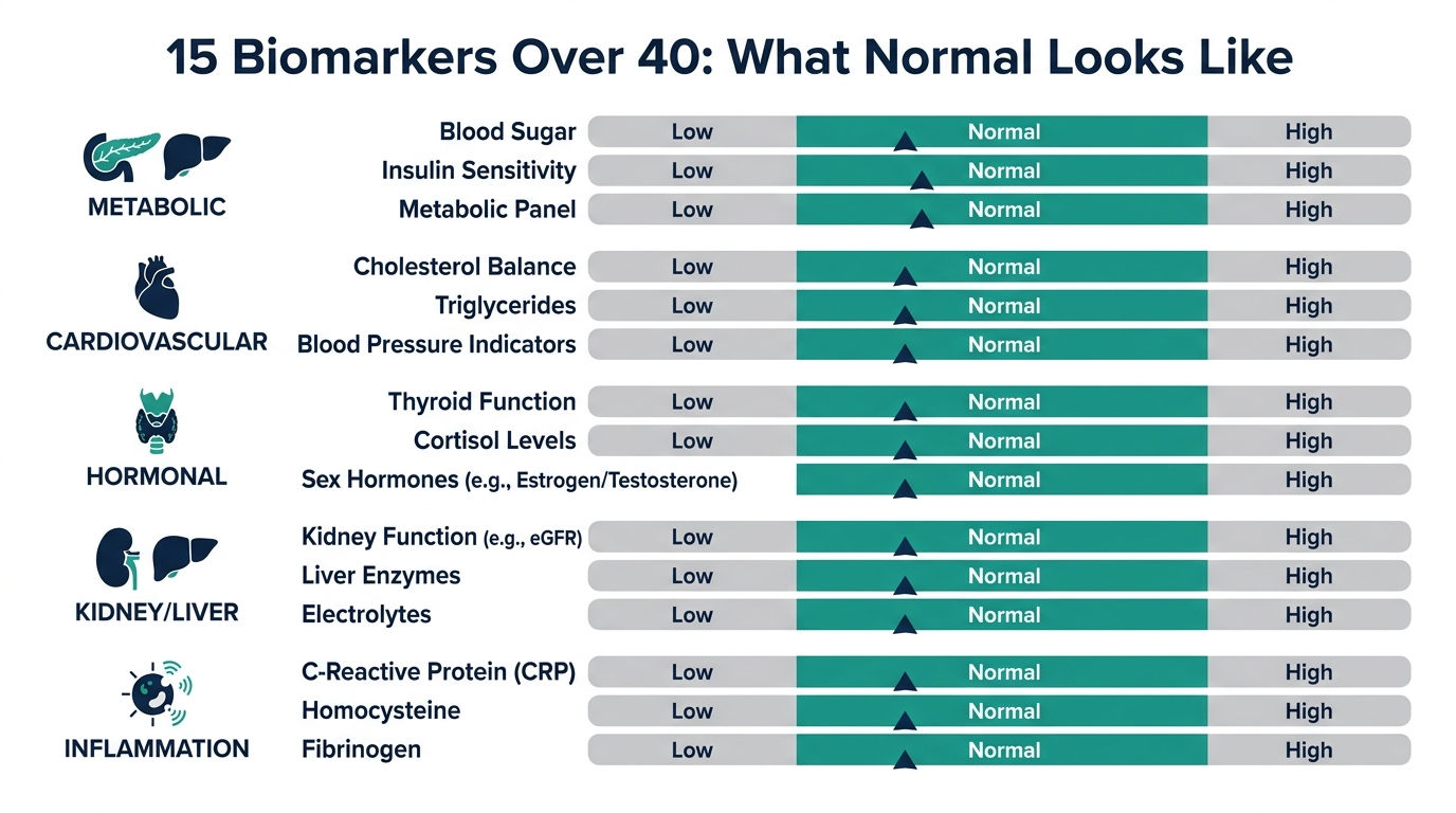 Reference-range chart showing low, normal, and high zones across metabolic, cardiovascular, hormonal, kidney/liver, and inflammation biomarker categories