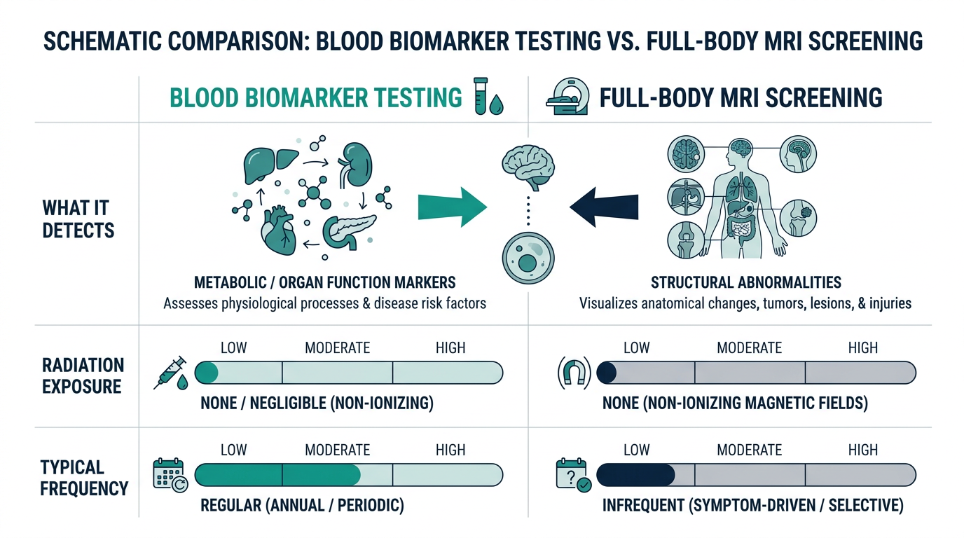 Schematic comparison chart of blood biomarker testing versus full-body MRI by what each detects, radiation exposure, and frequency