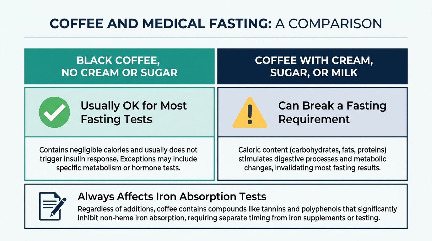 Comparison chart of black coffee versus coffee with cream or sugar and their effect on fasting blood test requirements
