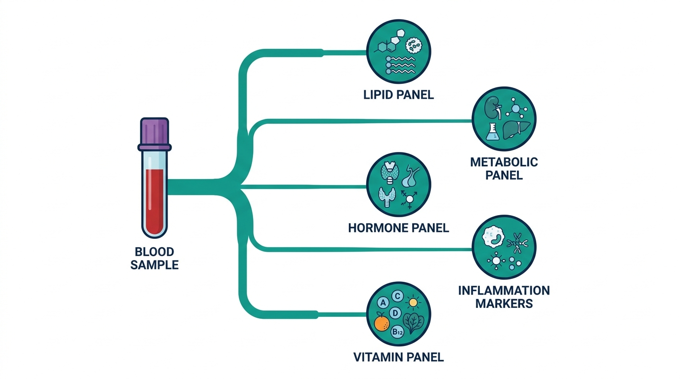 Diagram showing a blood sample branching into lipid, metabolic, hormone, inflammation, and vitamin panel categories