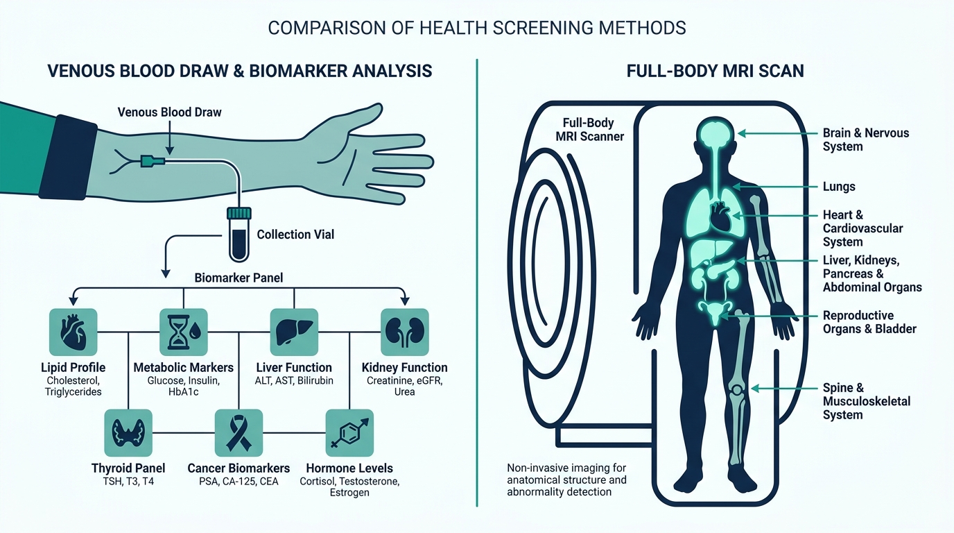 Split diagram comparing a blood draw feeding biomarker panels to a full-body MRI scan of a human silhouette