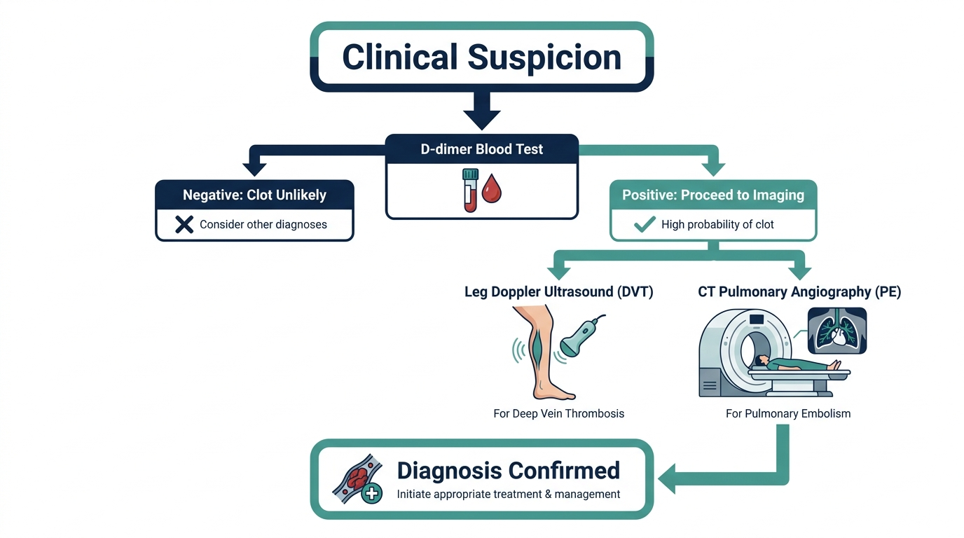 Flowchart of blood clot diagnosis from clinical suspicion through D-dimer testing to confirmatory ultrasound or CT imaging