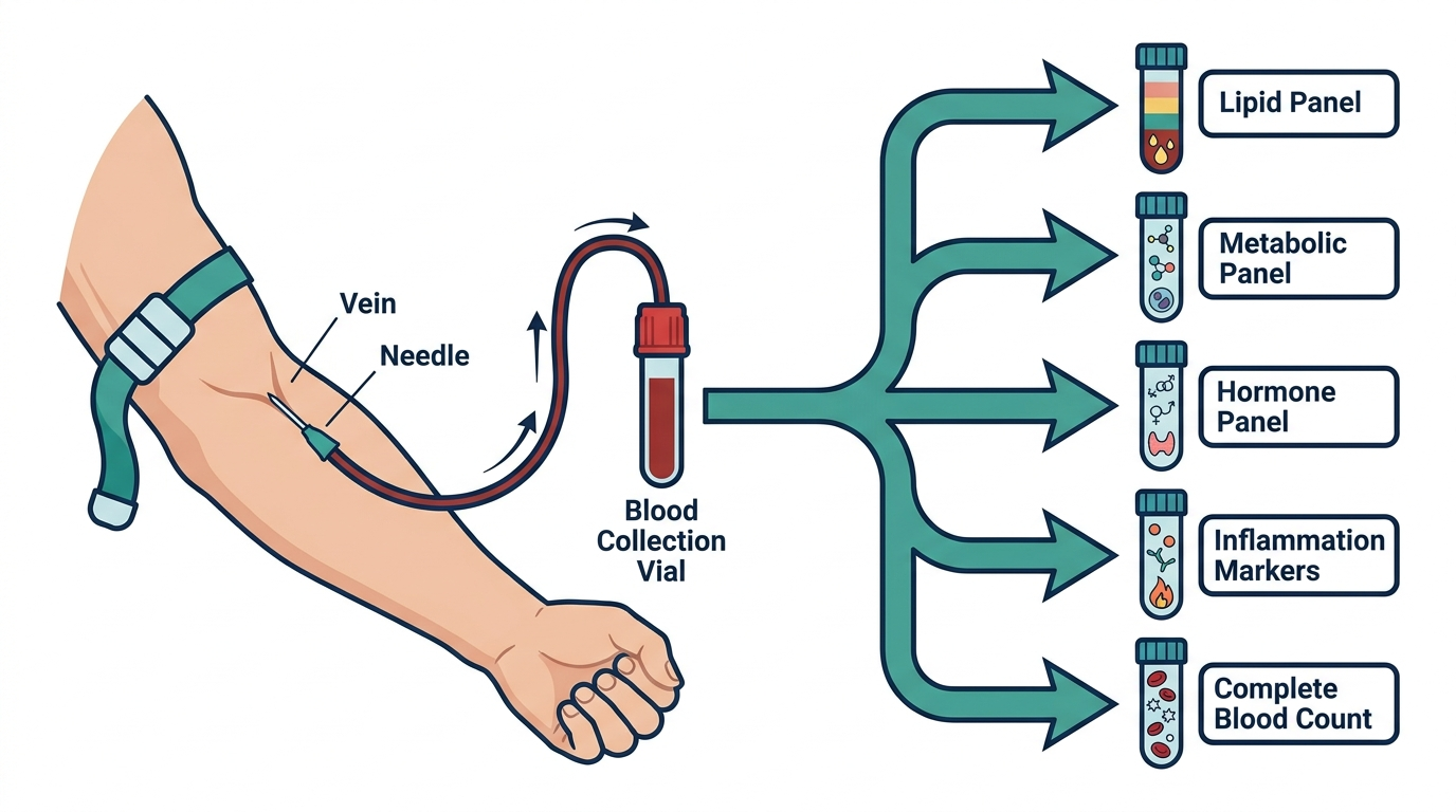 Diagram of a single blood draw splitting into lipid, metabolic, hormone, inflammation, and CBC test categories