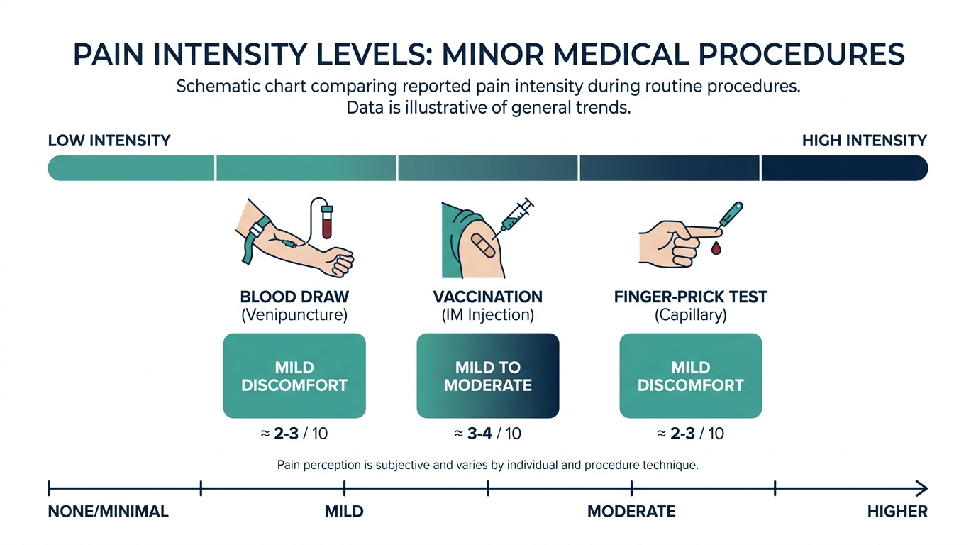 Schematic chart comparing pain intensity of a blood draw to a vaccination and a finger-prick test