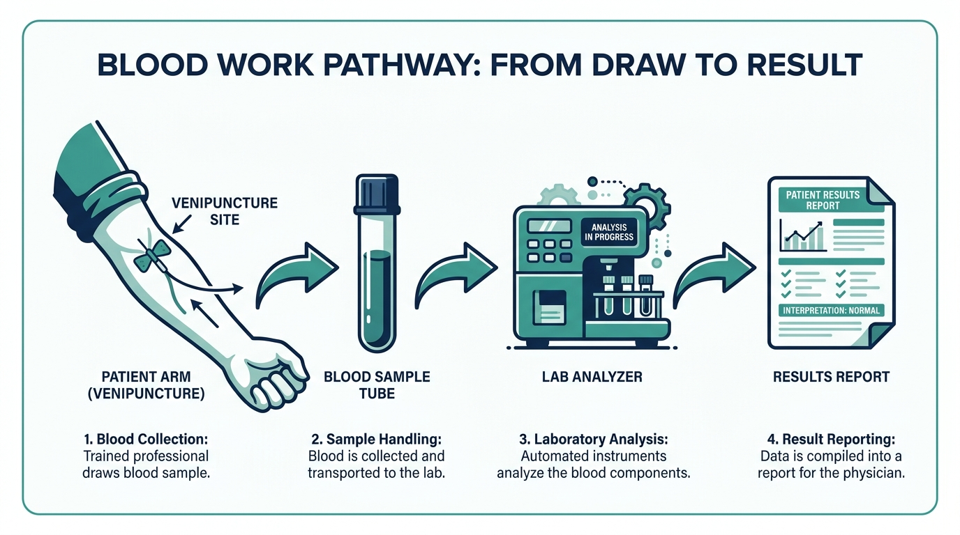 Diagram of the blood work process from venipuncture draw to sample tube to lab analyzer to results report