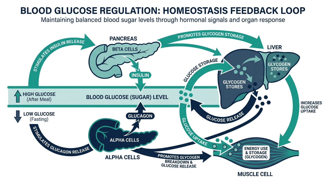 Diagram of blood glucose regulation by the pancreas and liver