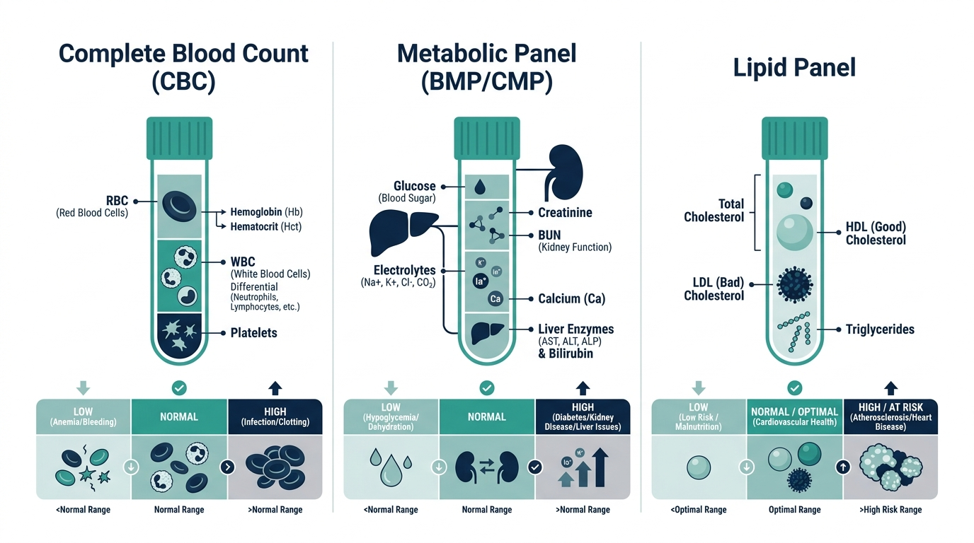 Comparison chart of Complete Blood Count, Metabolic Panel, and Lipid Panel with schematic reference bands