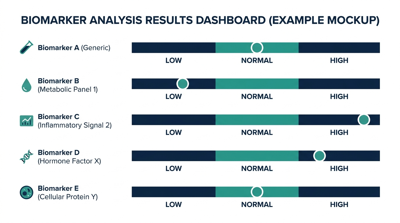 Example results dashboard mockup showing generic biomarker rows with low, normal, and high reference bands