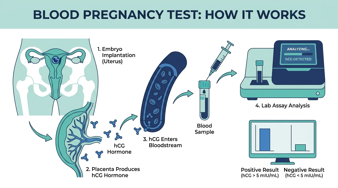 Diagram of how a blood pregnancy test detects hCG from implantation to lab assay