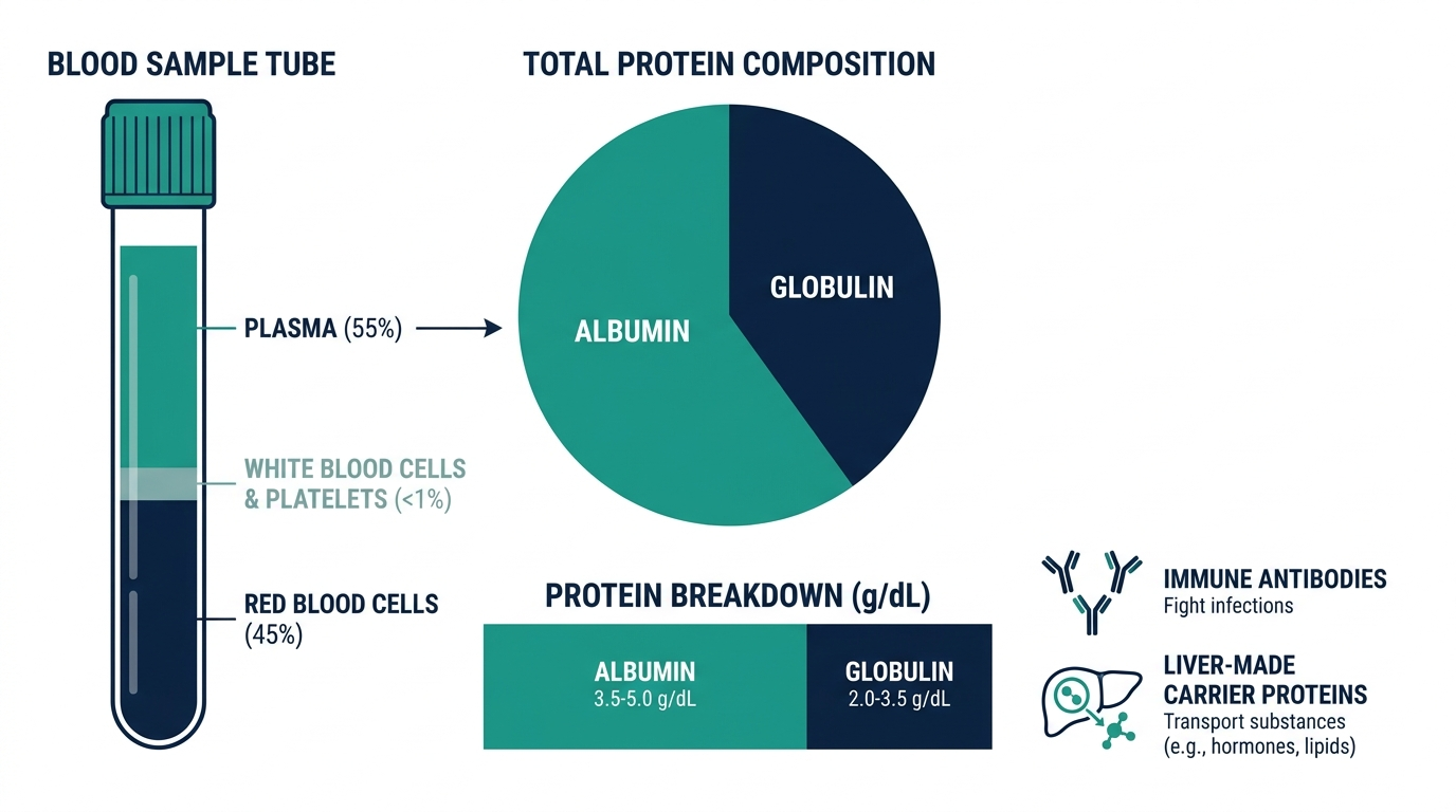 Diagram of blood protein composition breaking down total protein into albumin and globulin