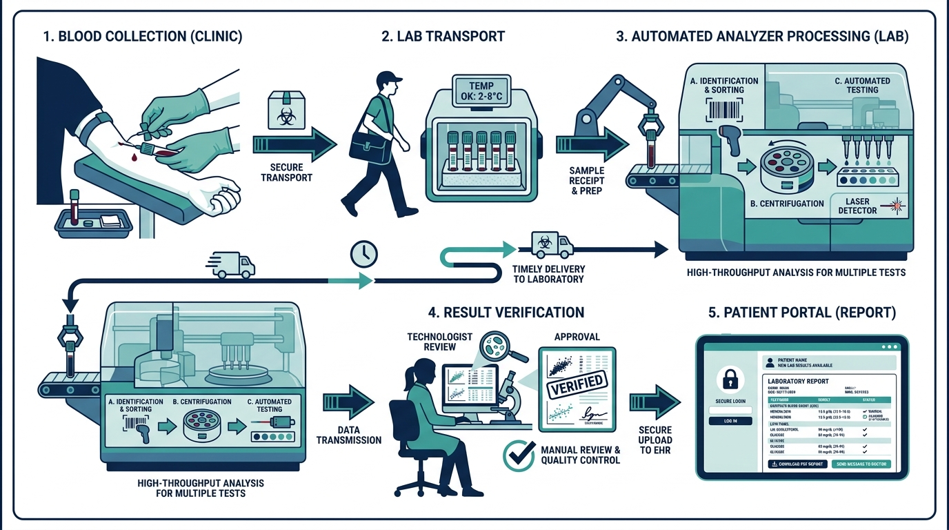 Process flow diagram of a blood sample journey from draw to lab processing to patient portal report