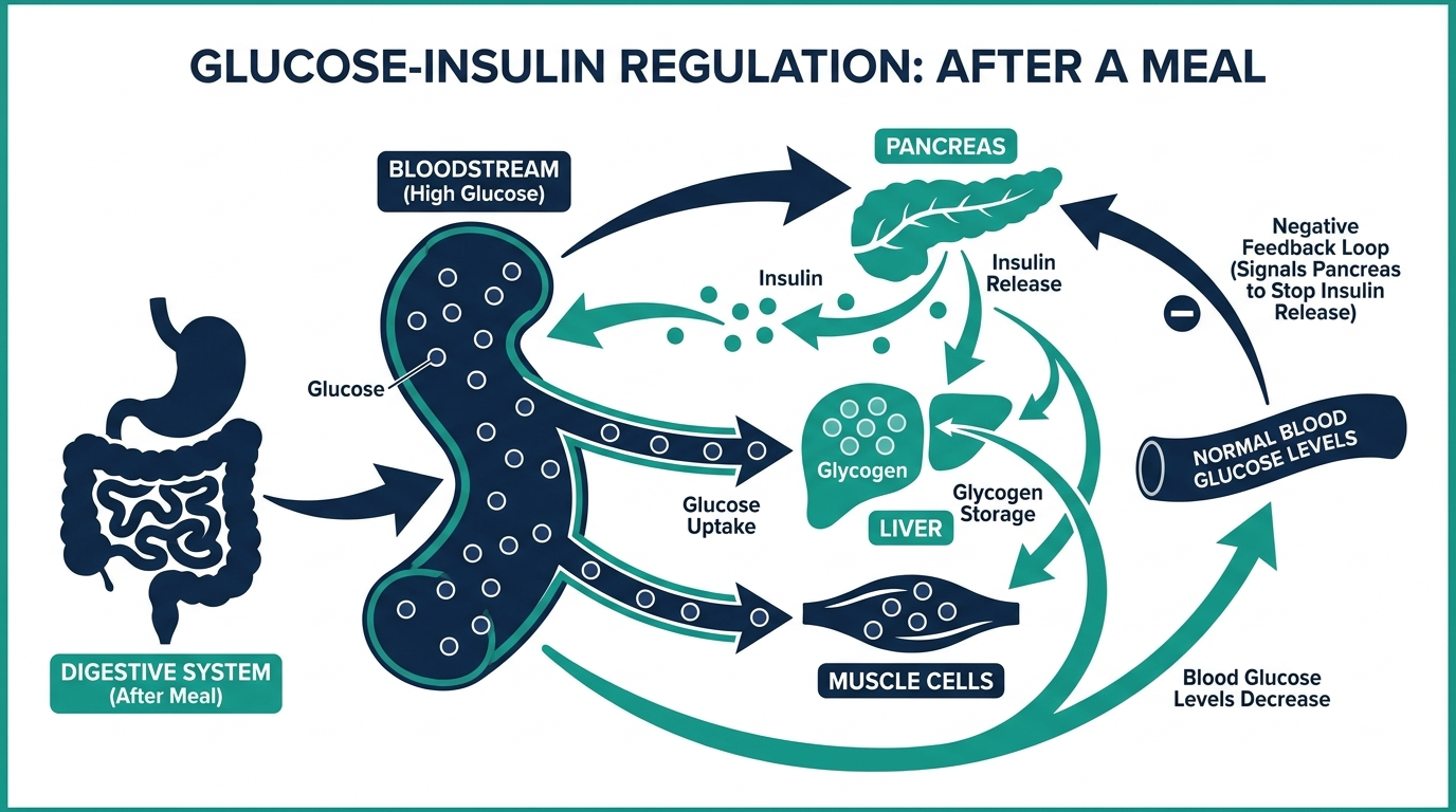 Diagram of glucose-insulin regulation showing the pancreas releasing insulin and glucose moving into muscle and liver cells