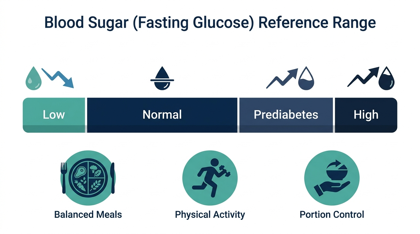 Schematic chart of low, normal, prediabetes, and high fasting blood sugar bands with icons for meals, activity, and portion control