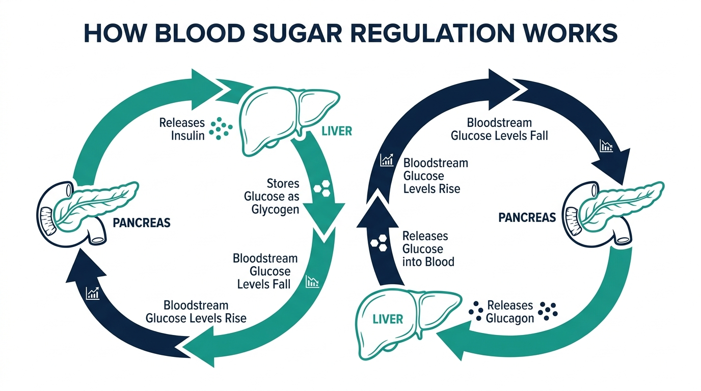 Diagram of the blood sugar regulation feedback loop between the pancreas, liver, and bloodstream