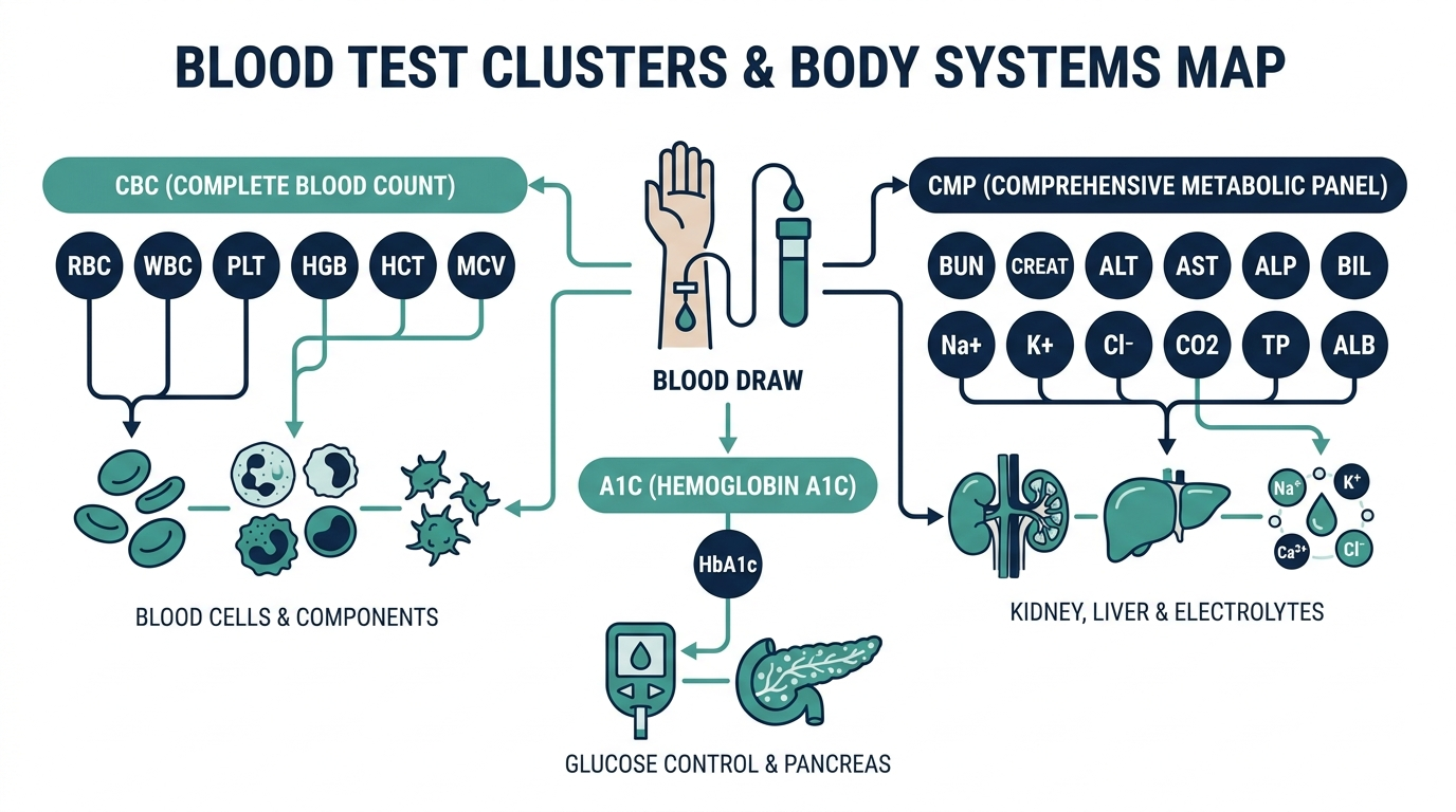Diagram grouping blood test abbreviations CBC, CMP, and A1C by the body system each one measures
