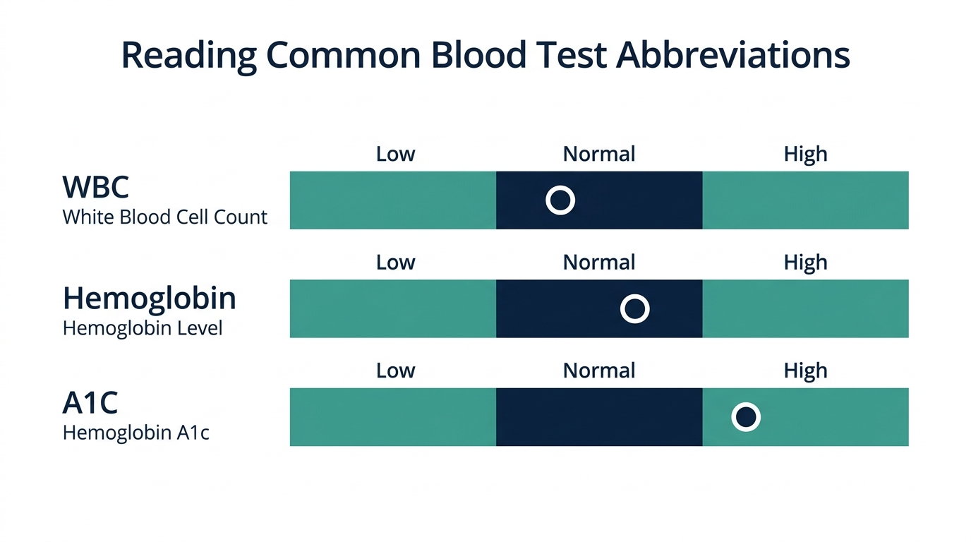 Schematic chart showing low, normal, and high reference bands for WBC, hemoglobin, and A1C