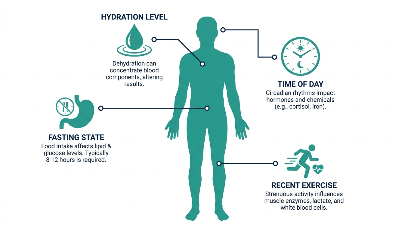 Body diagram with callouts for factors that affect blood test accuracy: fasting state, hydration, time of day, and recent exercise