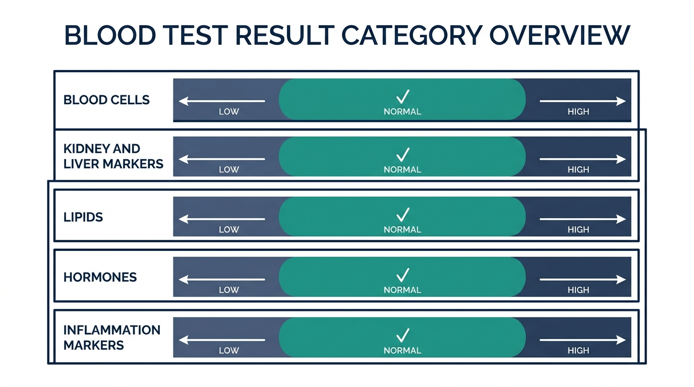 Schematic overview chart of five blood test categories each shown with low, normal, and high bands
