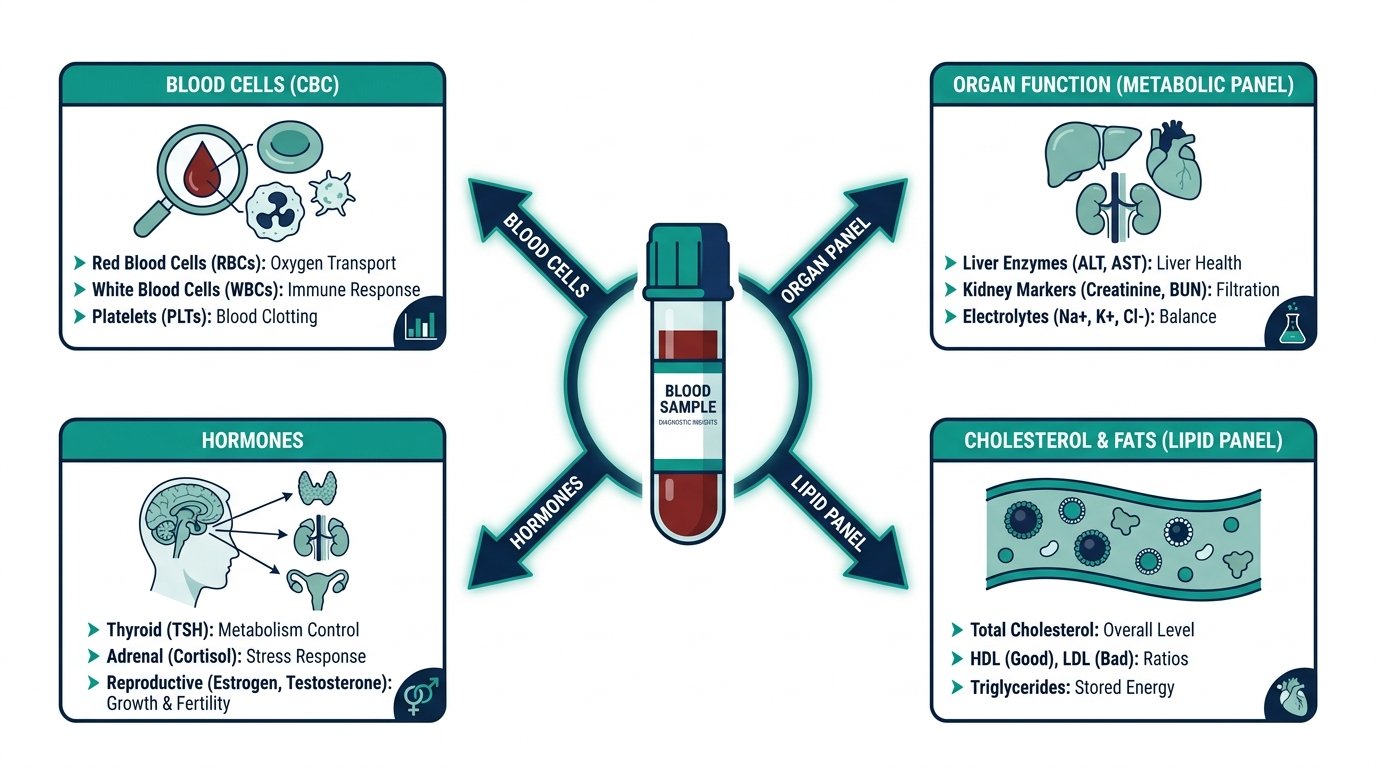 Diagram of a blood vial with arrows to the four categories it reveals: blood cells, organ function, cholesterol, and hormones