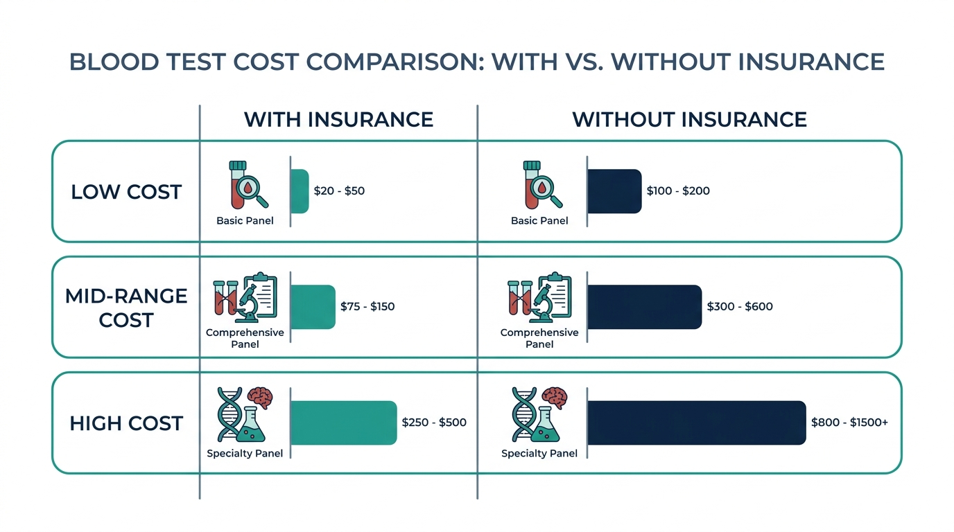 Schematic chart comparing low, mid-range, and high blood test costs with and without insurance