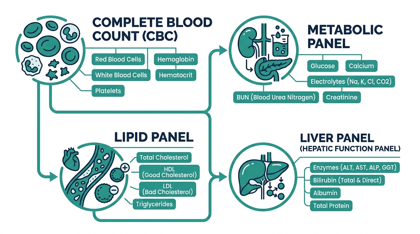 Overview map of common blood test panel categories including CBC, metabolic panel, lipid panel, and liver panel