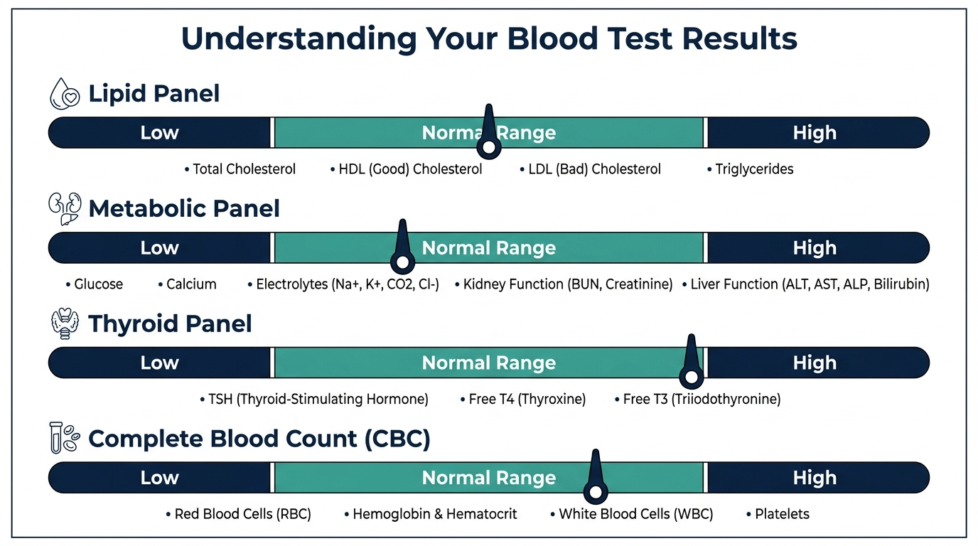 Schematic chart showing low, normal, and high reference bands for common blood test panels including lipid, metabolic, thyroid, and complete blood count