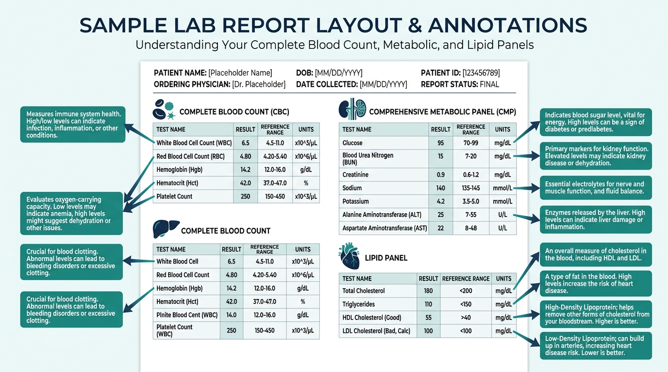 Annotated sample lab report showing the Complete Blood Count, Metabolic Panel, and Lipid Panel sections