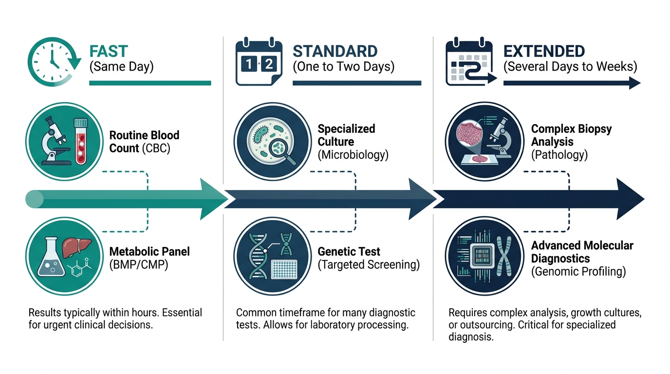 Comparison chart of relative turnaround time bands for blood tests: fast, standard, and extended