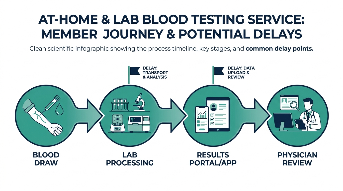 Process timeline showing the blood testing member journey from draw to lab processing to results portal to physician review