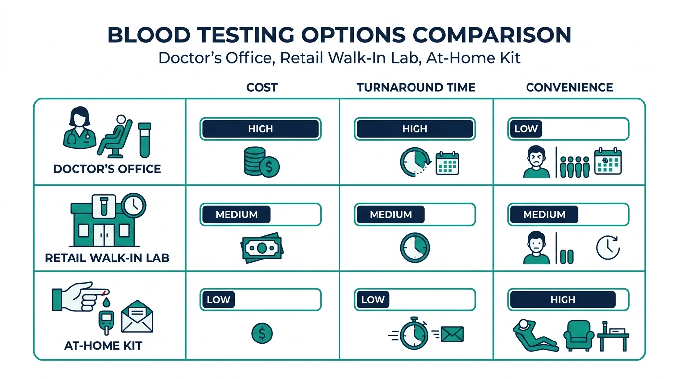 Comparison chart of blood testing options by cost, turnaround time, and convenience