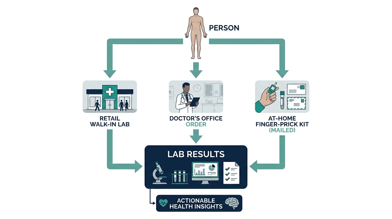 Flowchart of blood testing pathways through a doctor's office, retail lab, or at-home kit