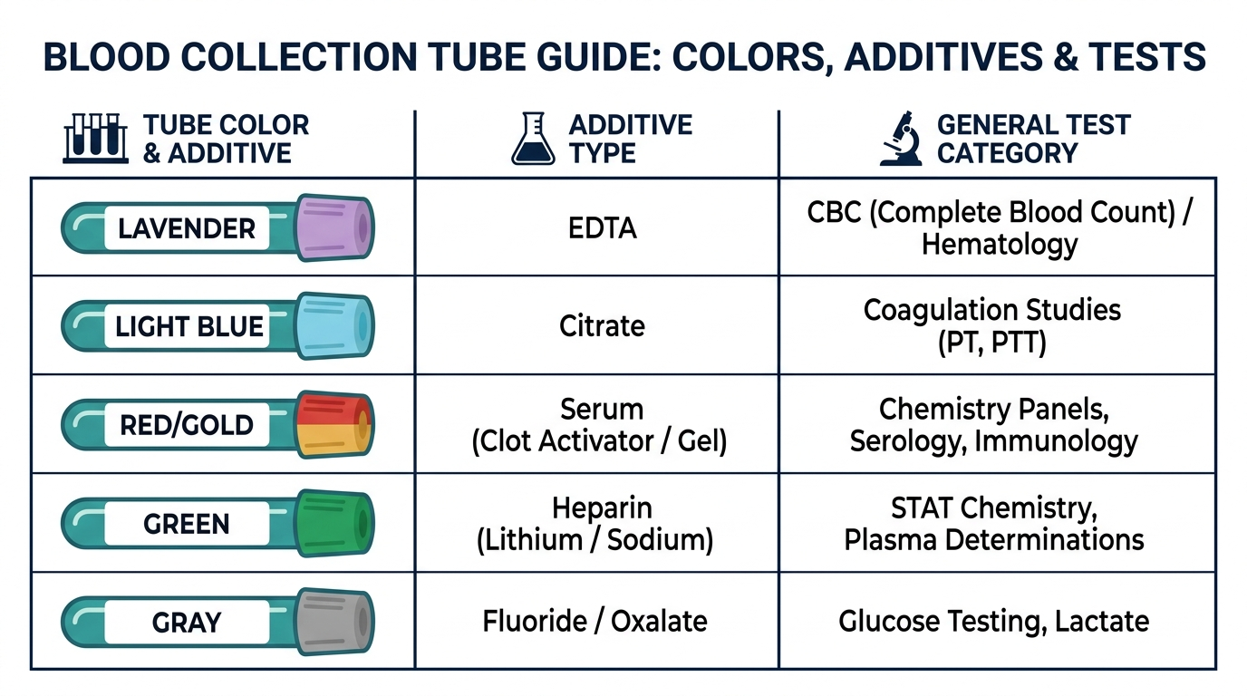 Legend chart matching blood tube cap colors to their additive and general test category, such as lavender EDTA for hematology and light blue citrate for coagulation