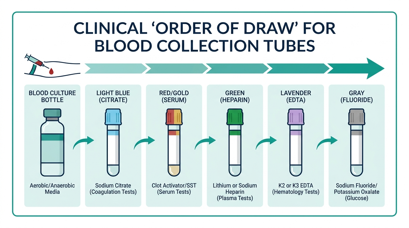 Diagram of the clinical order of draw showing blood collection tubes in sequence: blood culture, light blue, red/gold, green, lavender, and gray top