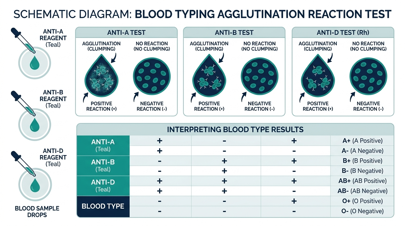Schematic of blood typing agglutination reaction test with anti-A, anti-B, and anti-D reagents