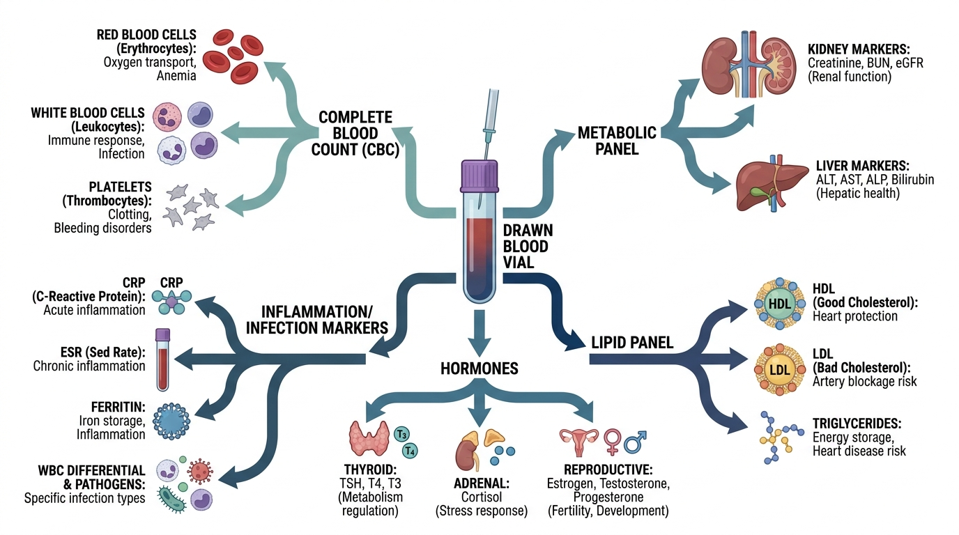 Diagram of a blood vial branching into major test categories: blood cells, kidney and liver markers, lipids, hormones, and inflammation markers