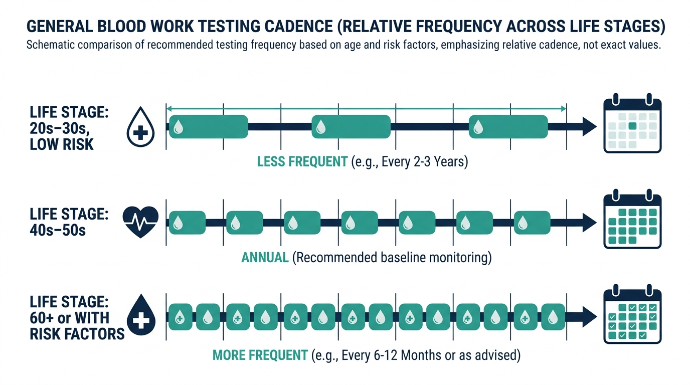 Schematic chart comparing general blood work testing cadence across three life stages, from low frequency in young low-risk adults to higher frequency for older adults or those with risk factors