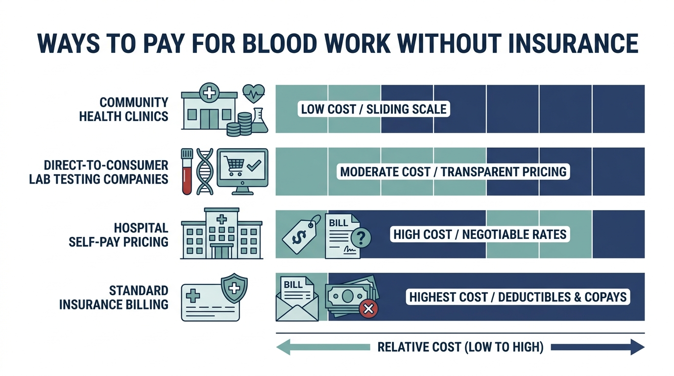 Cost comparison chart of ways to pay for blood work without insurance, including community clinics, direct-to-consumer labs, and hospital self-pay