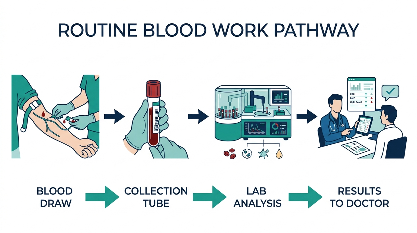 Step by step diagram of how blood work happens: blood draw, collection tube, lab analysis, and results reported to doctor