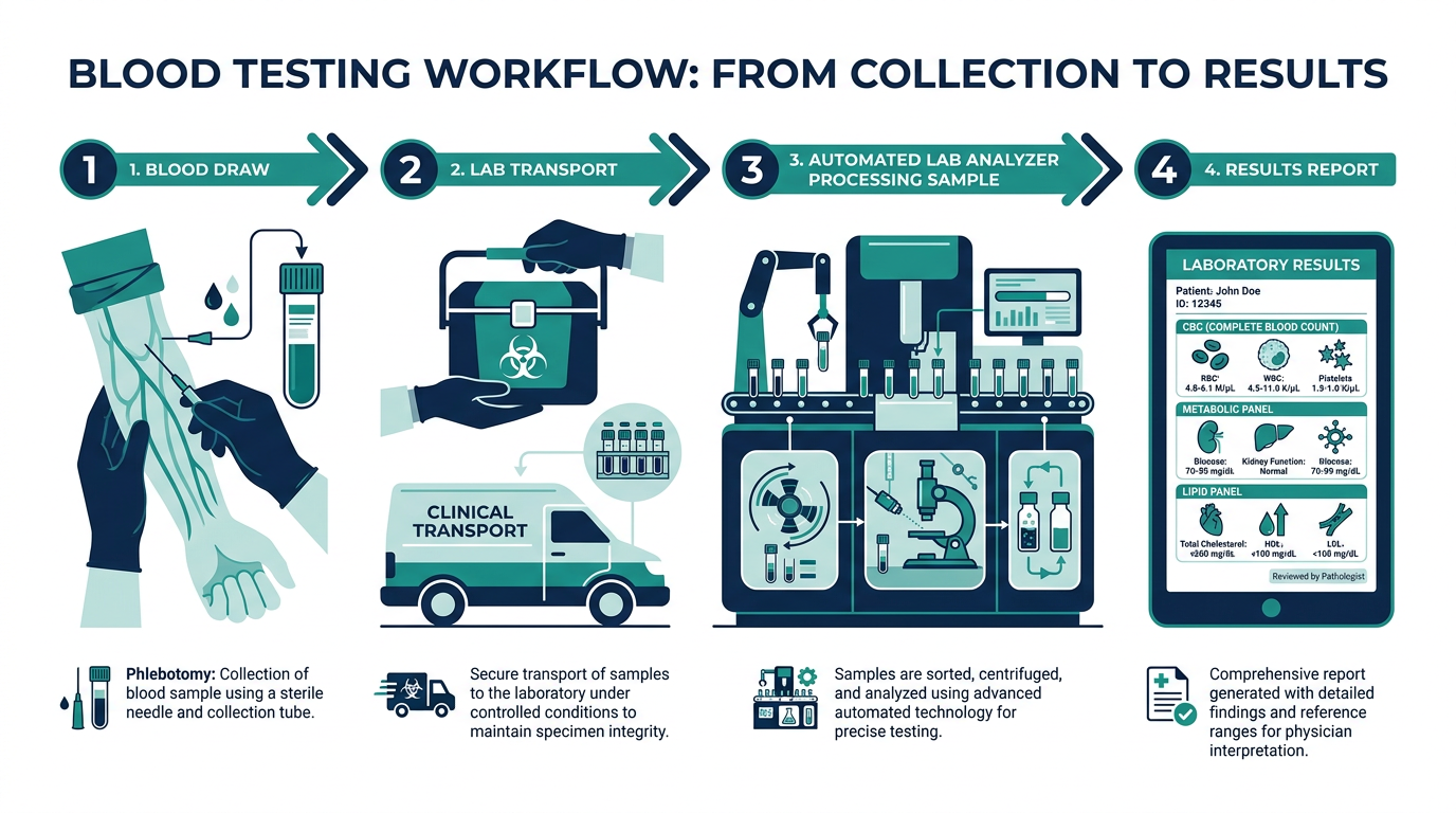 Diagram of the blood testing process from blood draw to lab analysis to results report