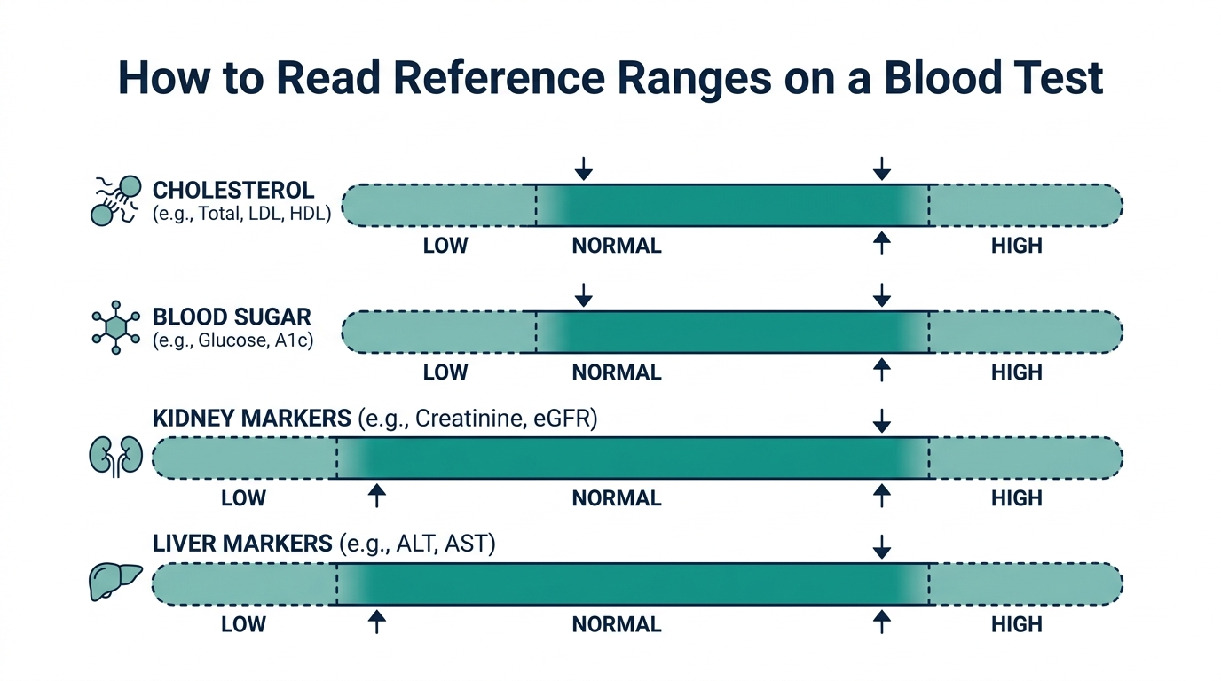 Schematic reference-range chart showing low, normal, and high bands for cholesterol, blood sugar, kidney, and liver markers
