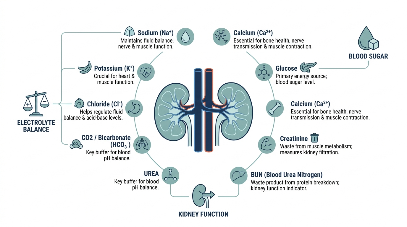 Diagram of the kidneys and bloodstream with the 8 Basic Metabolic Panel markers labeled: sodium, potassium, chloride, CO2, BUN, creatinine, glucose, and calcium