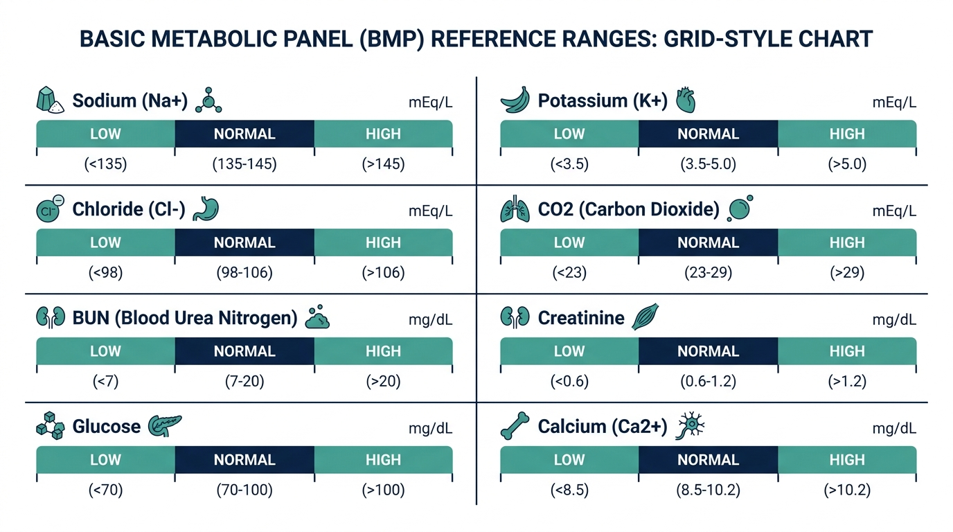 Grid chart showing schematic low, normal, and high reference range zones for each of the 8 BMP markers