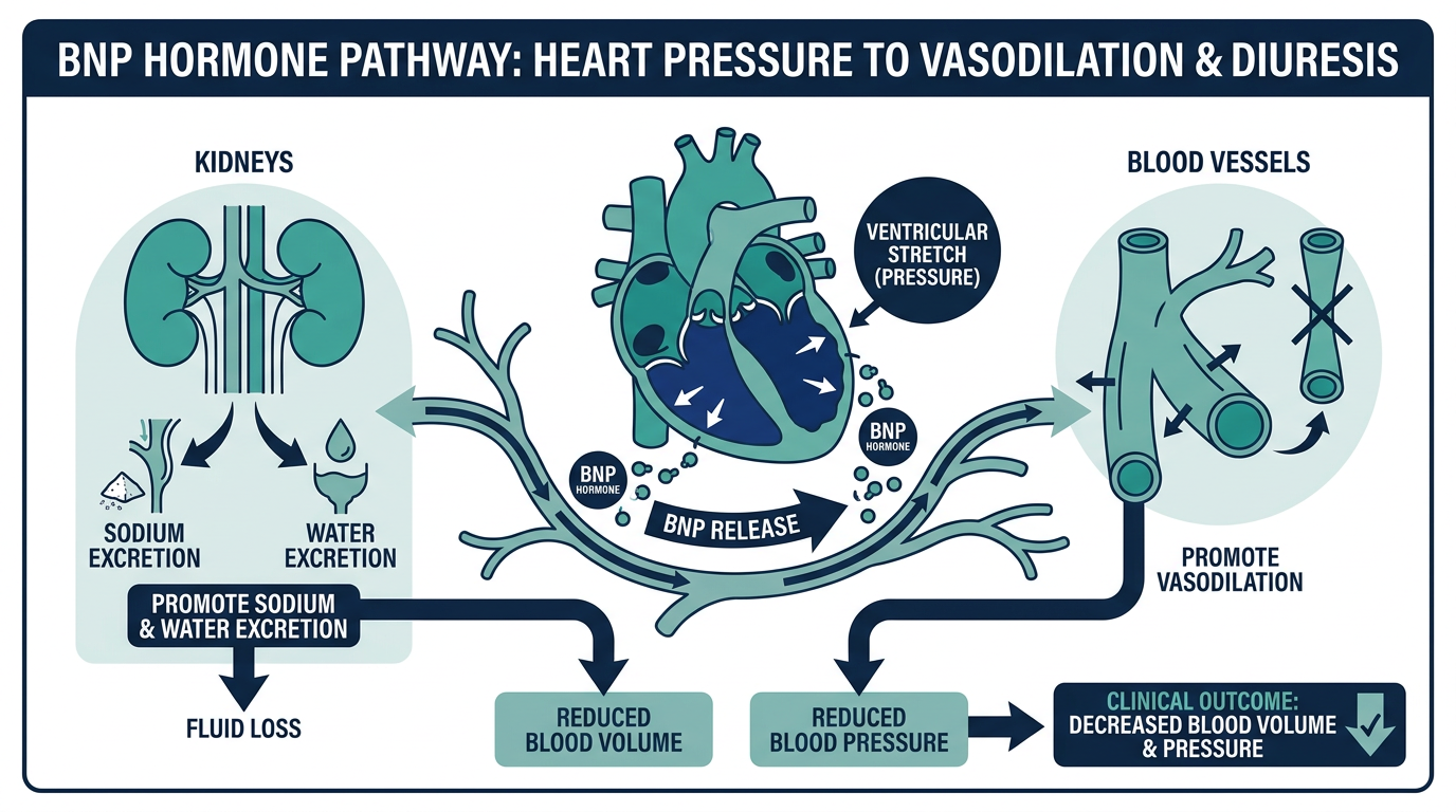 Diagram of the heart releasing BNP hormone under pressure, acting on kidneys and blood vessels