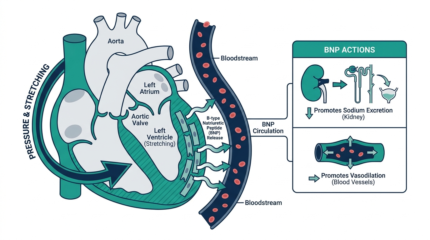 Diagram of the heart's left ventricle releasing B-type natriuretic peptide in response to wall stretch
