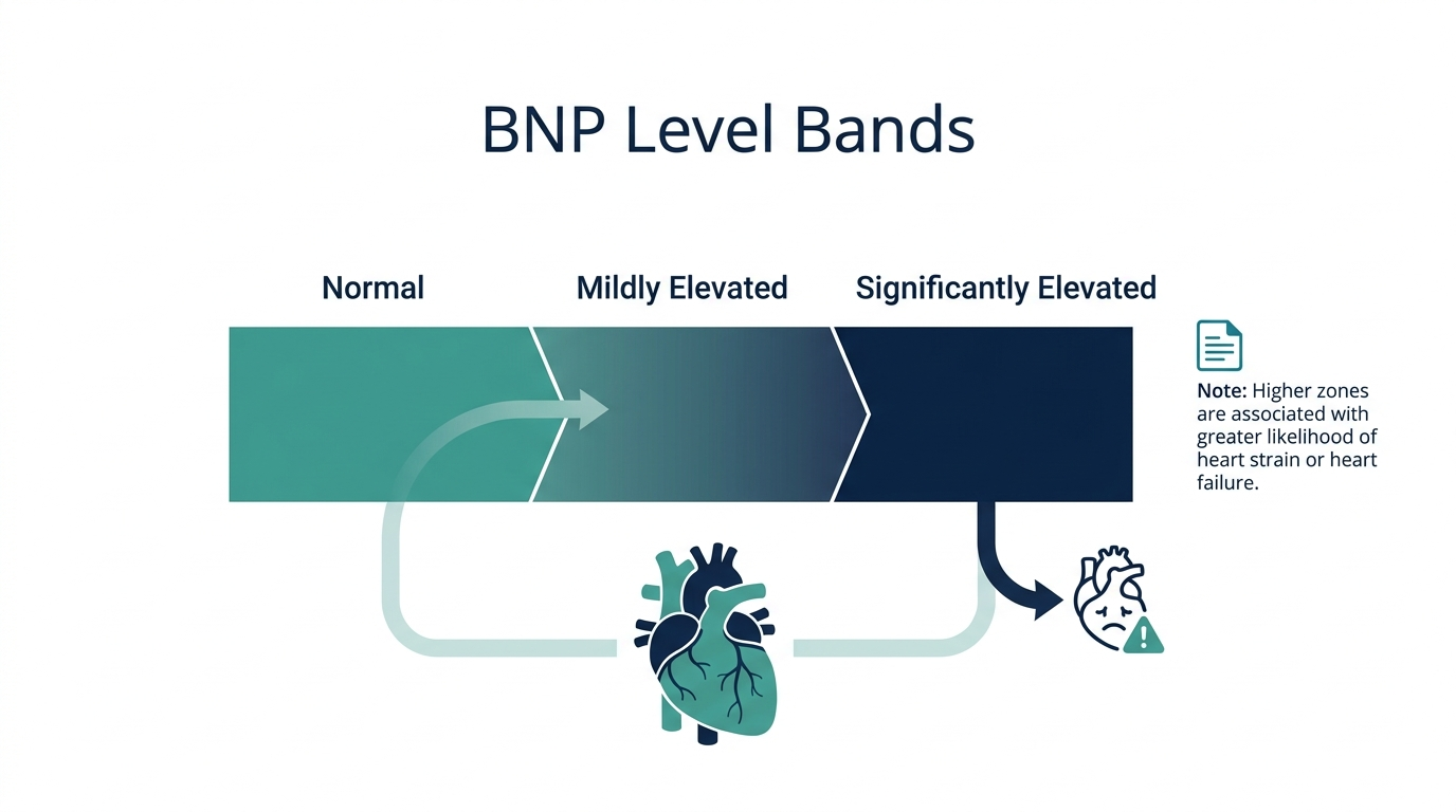 Schematic gauge chart showing BNP level bands: normal, mildly elevated, significantly elevated