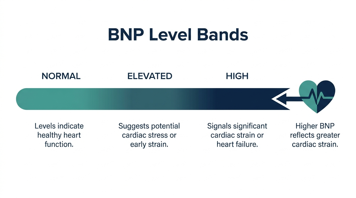 Schematic chart showing normal, elevated, and high BNP level bands