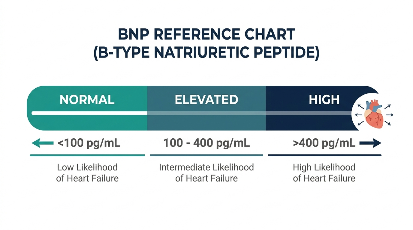 Schematic chart showing normal, elevated, and high BNP reference bands