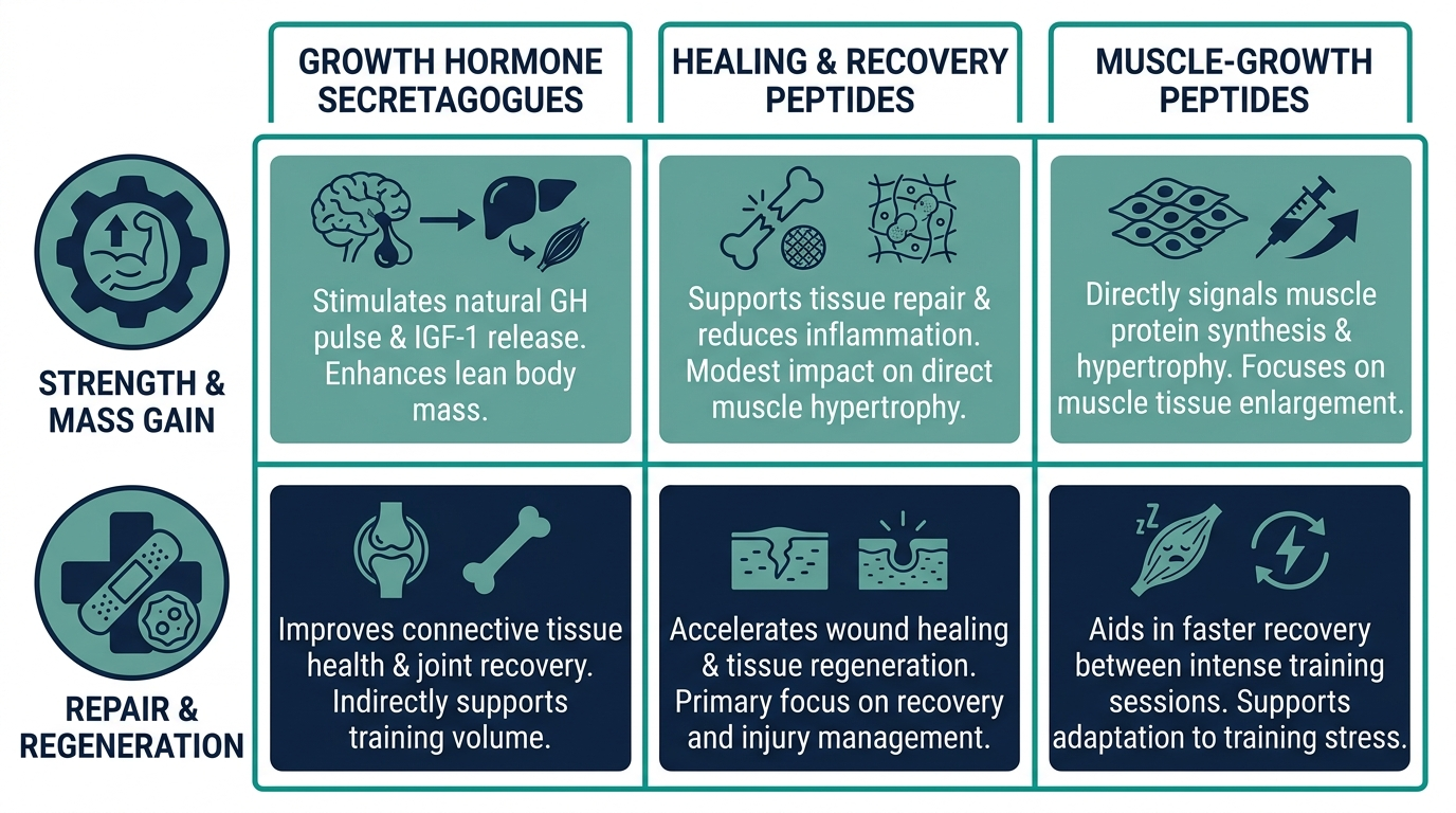 Matrix chart comparing growth hormone secretagogue, healing/recovery, and muscle-growth peptide categories by training goal