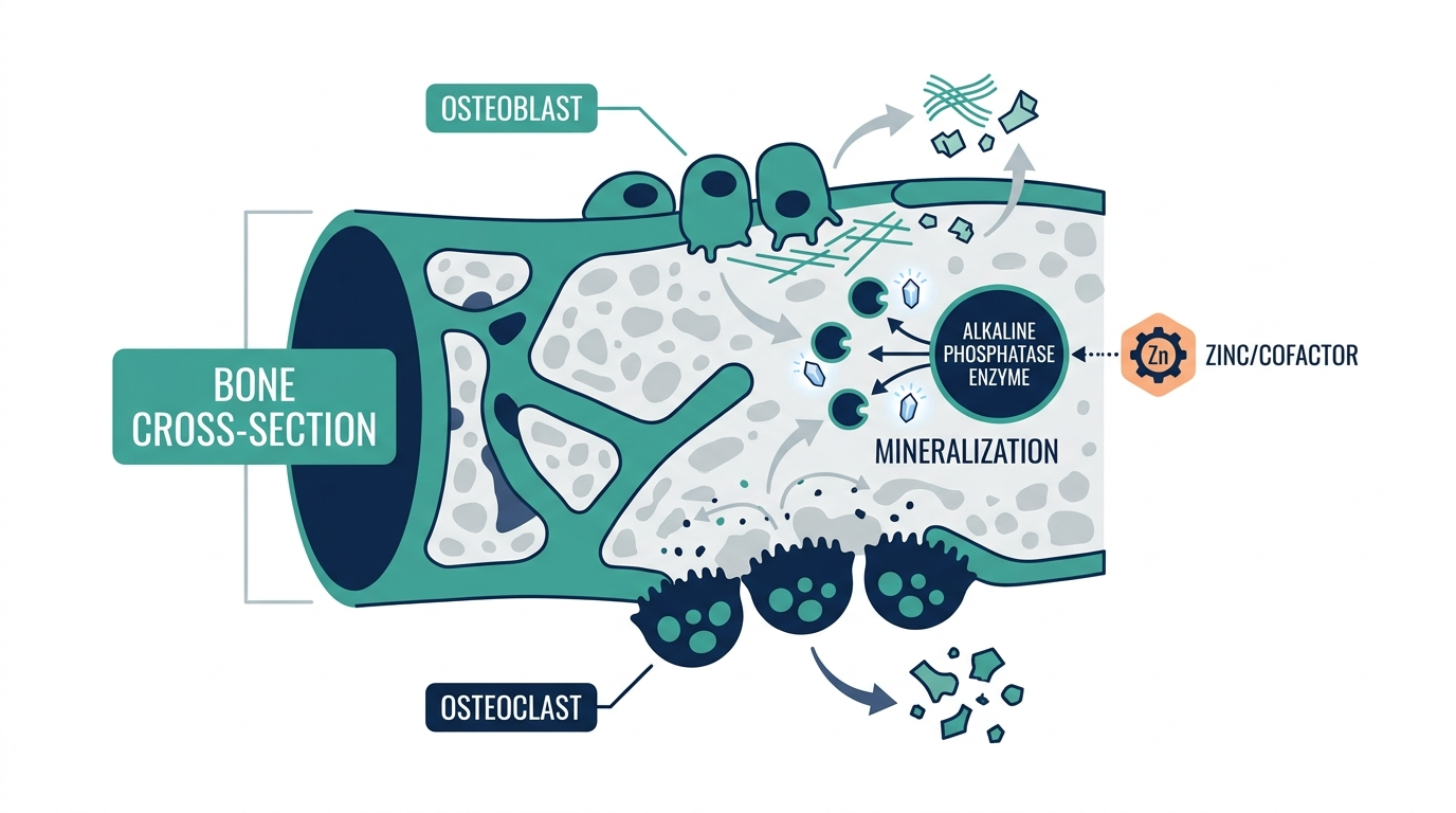 Diagram of bone metabolism showing osteoblasts and alkaline phosphatase involved in bone mineralization